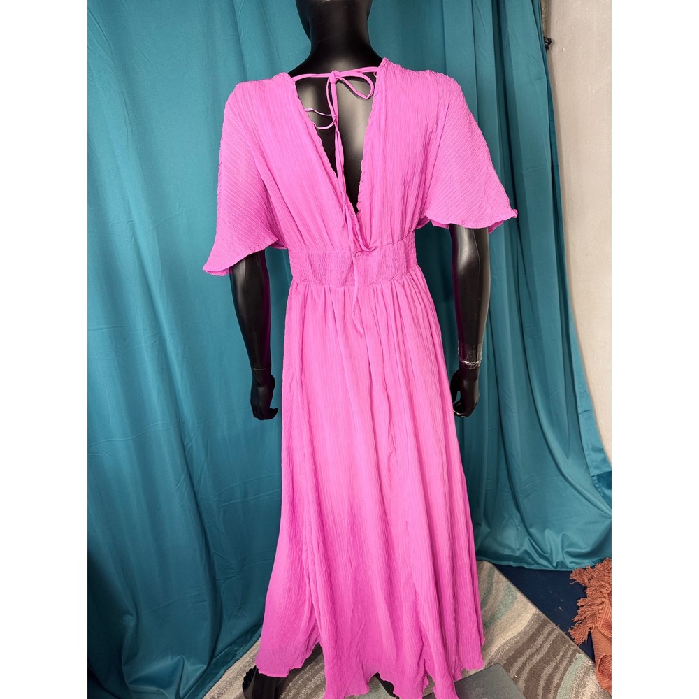 Japna Pink Crinkle Flutter Sleeve Maxi Dress V-Neck Flowy Bohemian Summer - Picture 3 of 10